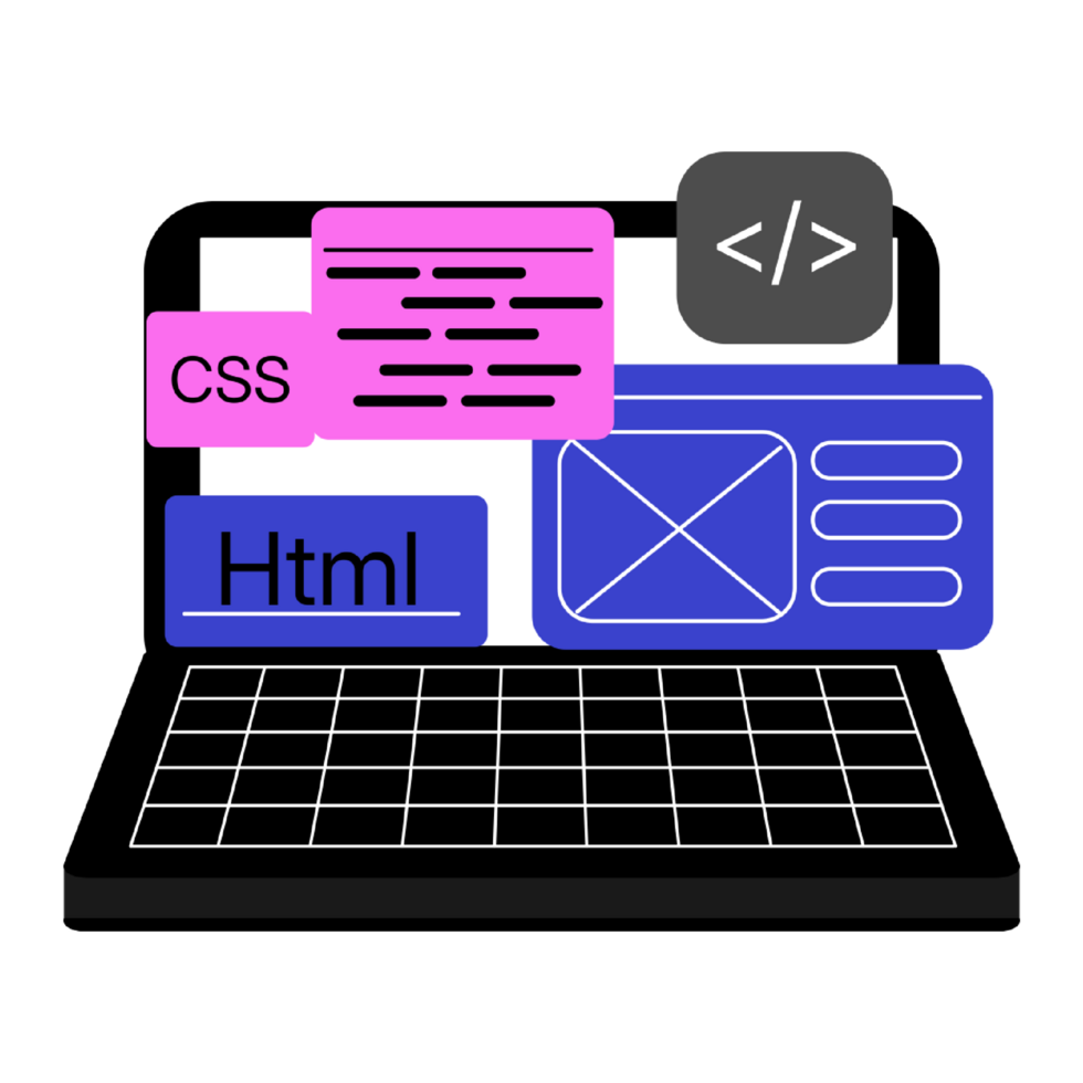 uma computador portátil e programação línguas, representando local na rede Internet desenvolvimento png