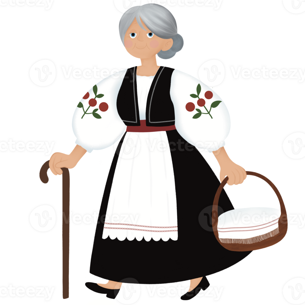 Old woman walking with a basket png