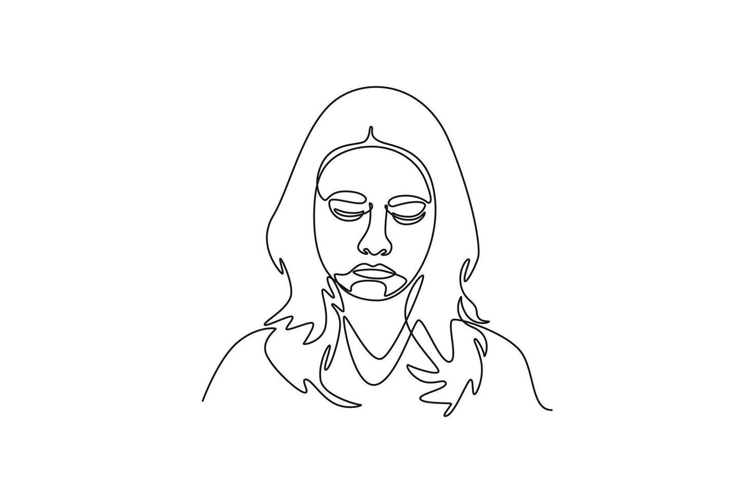 young beautiful woman with sad expression. Expression concept. Single line draw design. graphic illustration vector