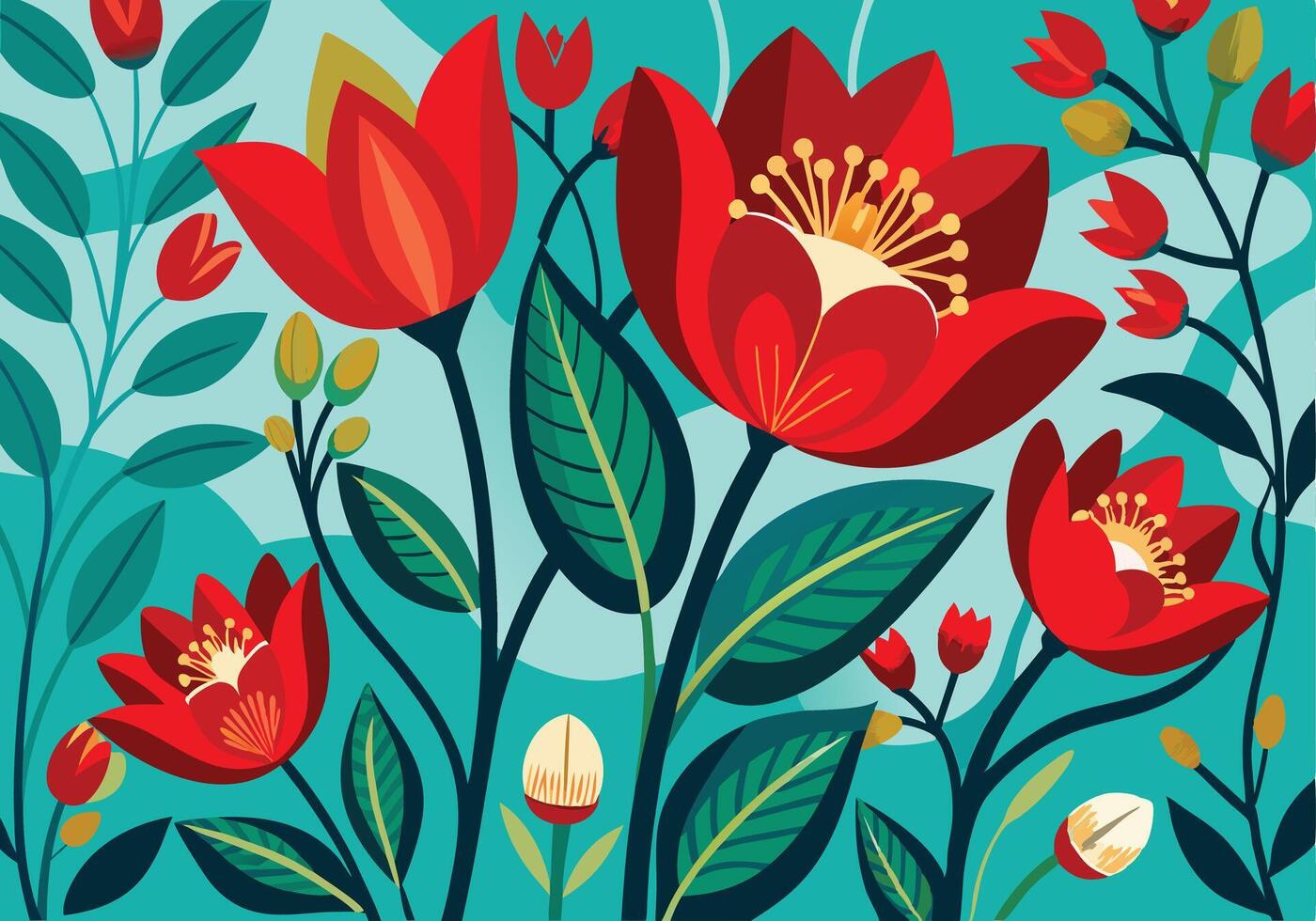 Vibrant Red Flowers Teal Background Artistic Botanical Illustration vector