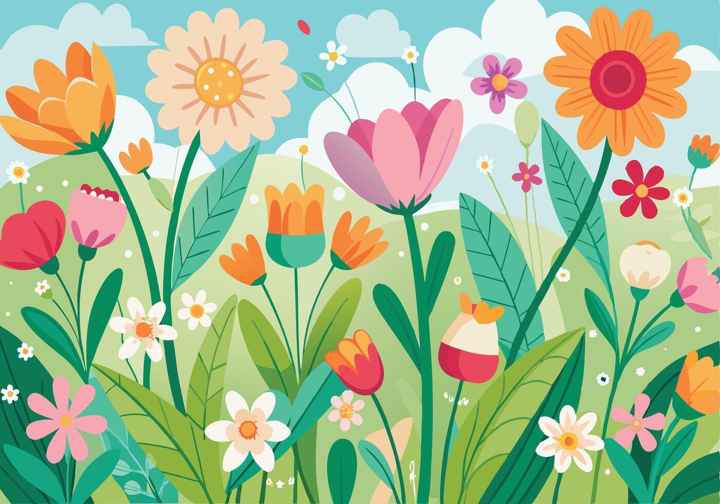 Vibrant Spring Flowers Colorful Blossoms, Lush Greenery, Sunny Day vector