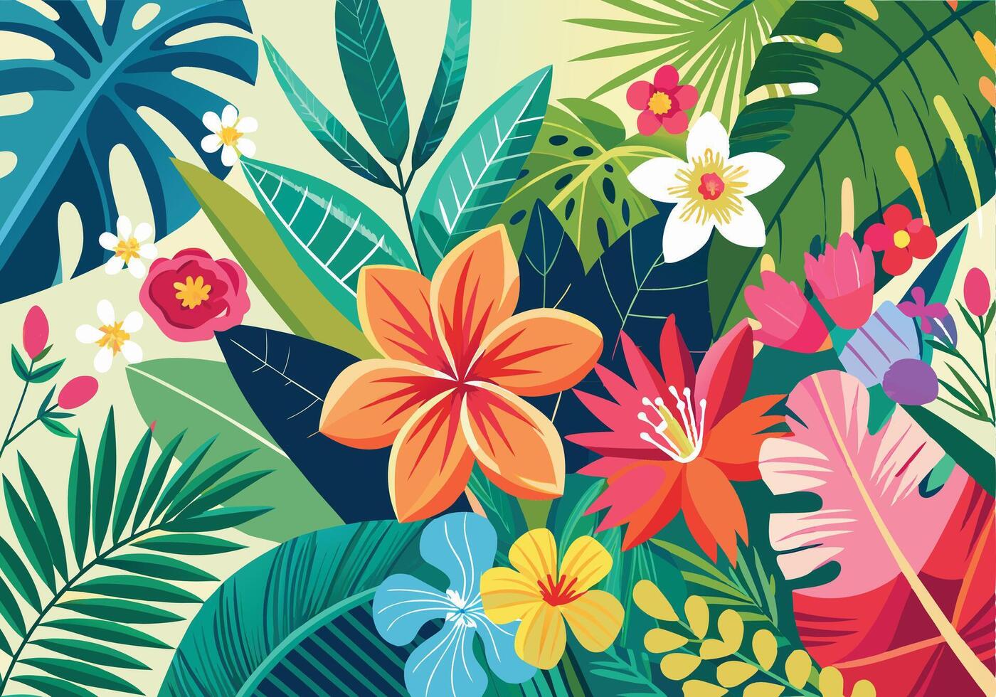 Vibrant Tropical Floral Paradise Lush Leaves, Exotic Flowers vector