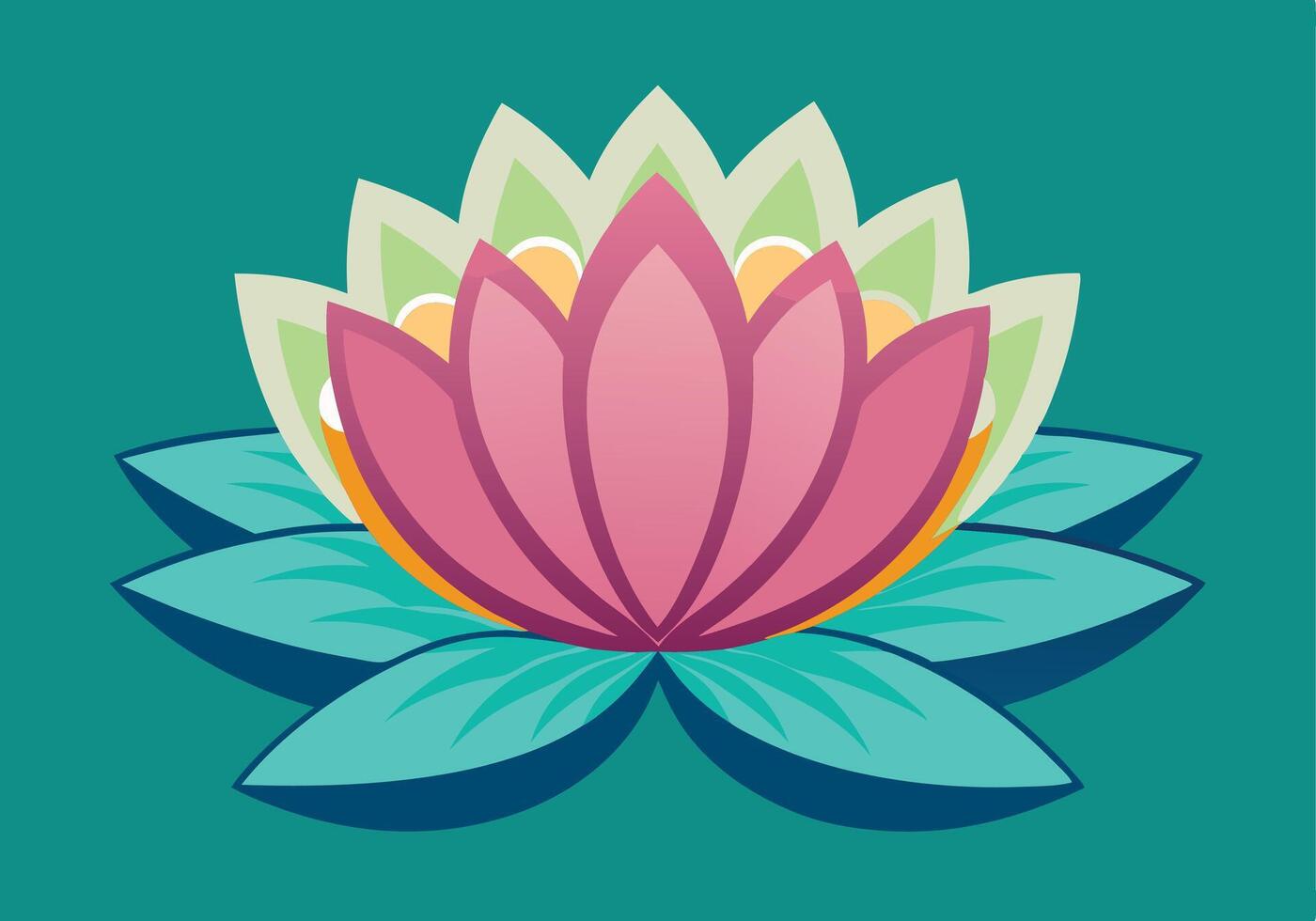 Stylized Lotus Flower Teal Background, Pink Petals, Green Leaves vector