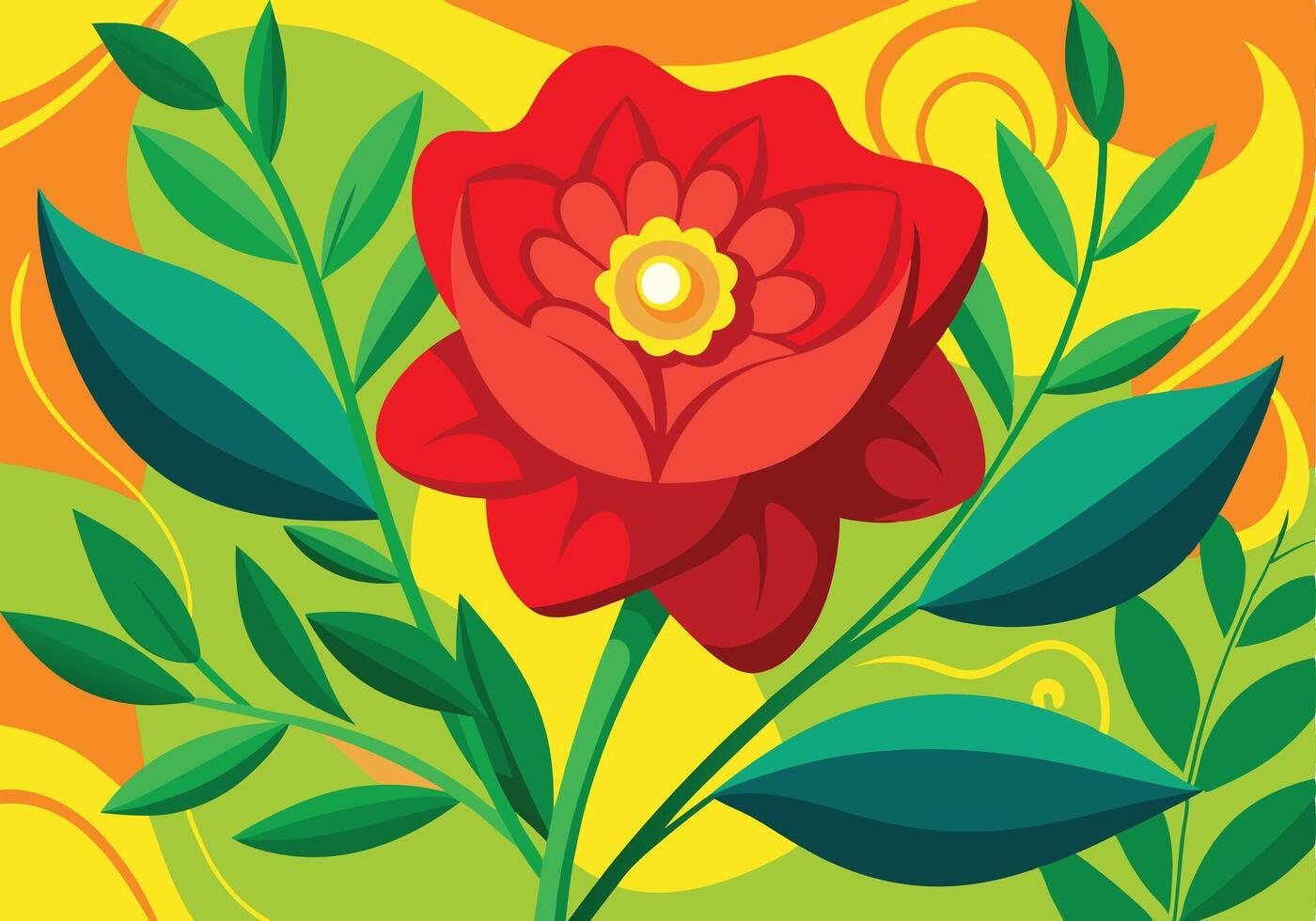 Vibrant Red Flower with Green Leaves, Abstract Floral Art vector