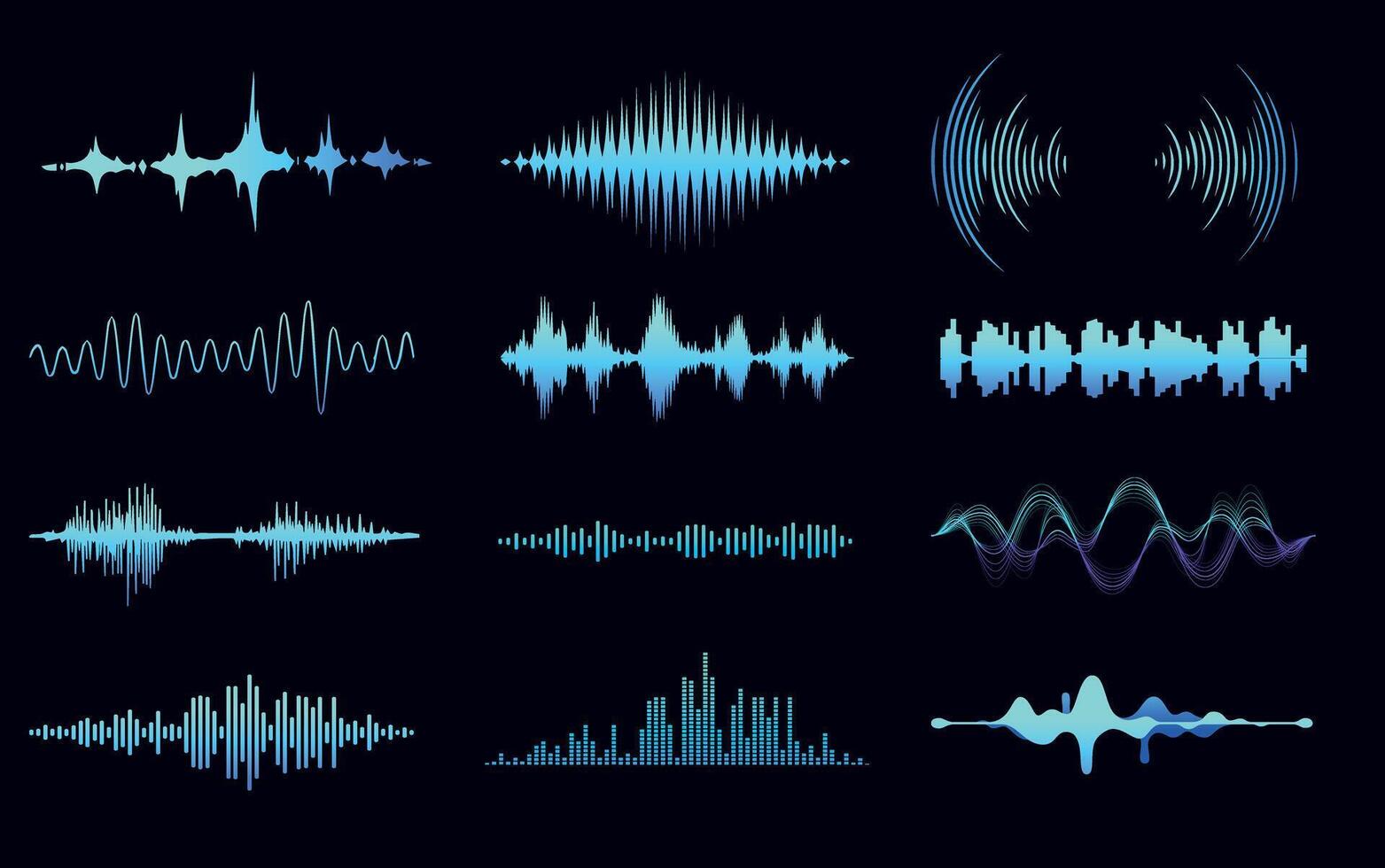 Abstract Sound Waves in Neon Blue on Dark Background. A collection of abstract sound waves and frequency bars in glowing neon blue on a dark futuristic background. vector