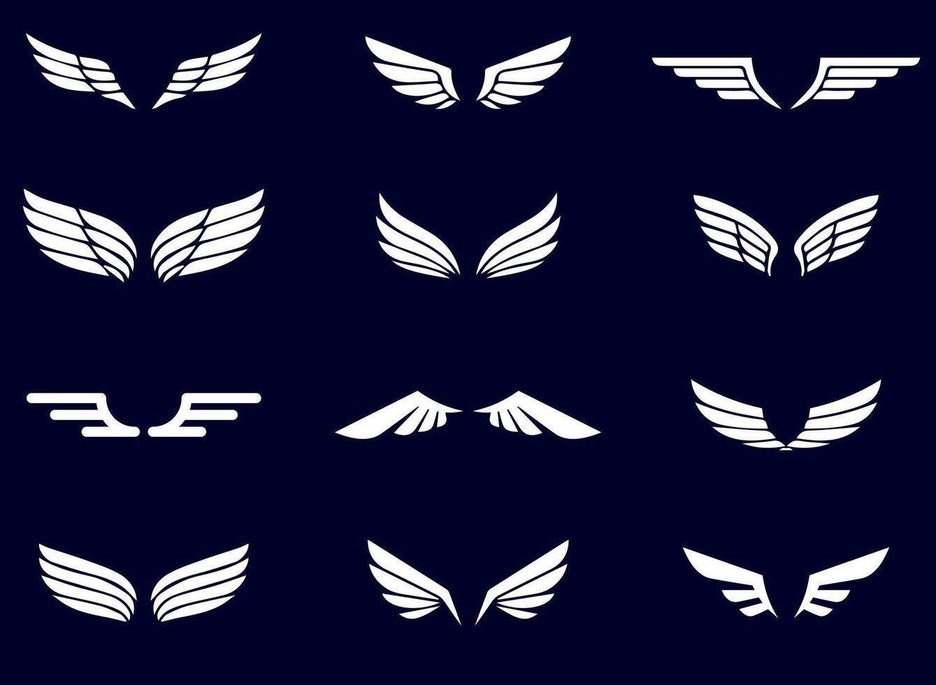Set of White Wing Logos on Dark Background. A collection of stylized white wing logos on a dark background, featuring various symmetrical and modern designs. vector