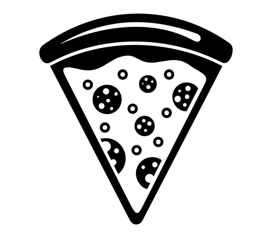 Black and White Melting Pizza Slice. A bold, black and white illustration of a pizza slice with melted cheese and toppings. vector