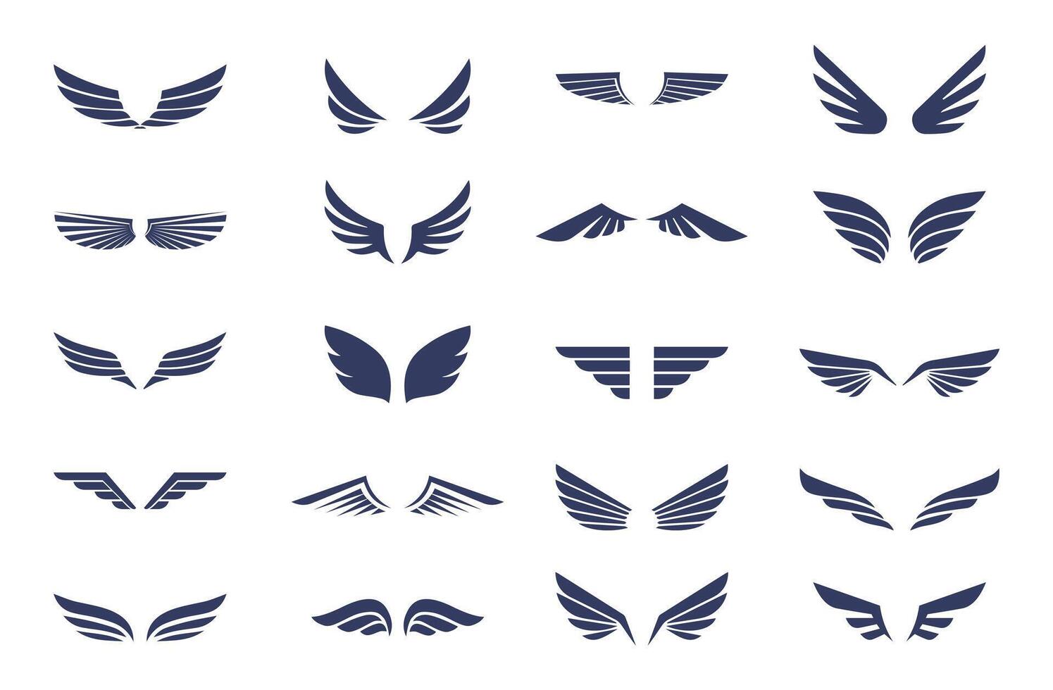 Set of Symmetrical Wing Logo Designs. A stylish collection of symmetrical wing designs in a deep blue tone, resembling modern logo elements. vector