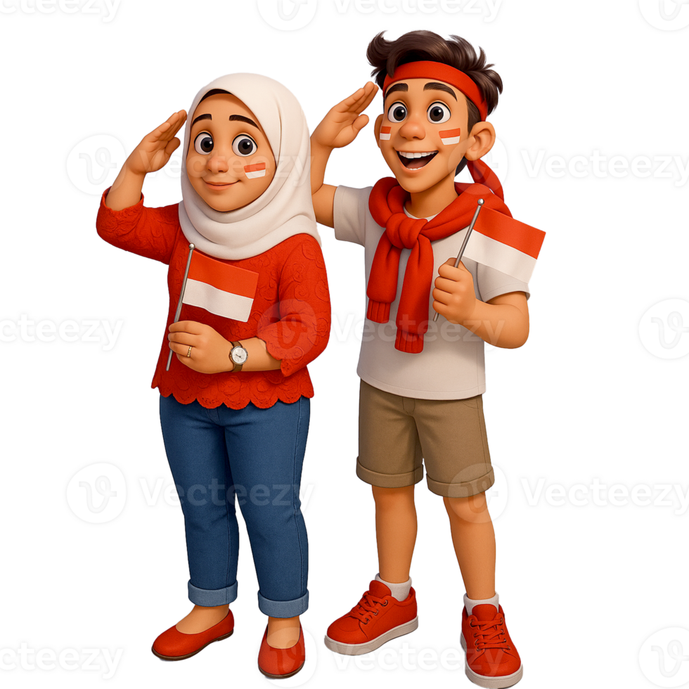 A 3D rendered cartoon couple saluting while holding Indonesia flags, showing their pride for the nation's celebration. png