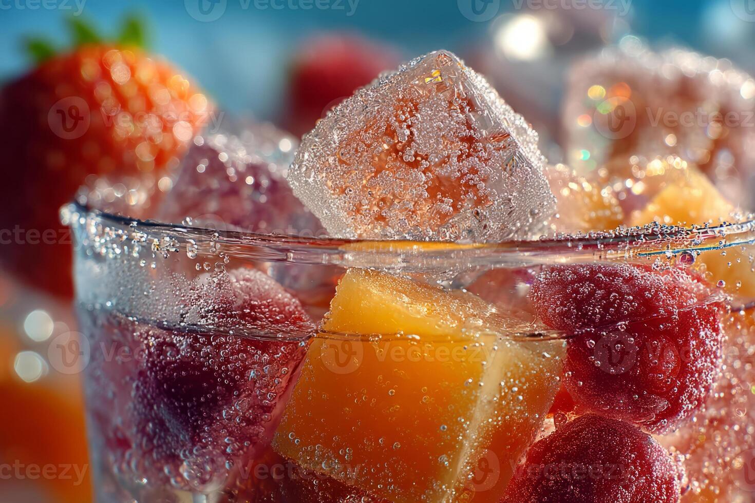 Melting ice cubes with fruits in sparkling summer drink photo
