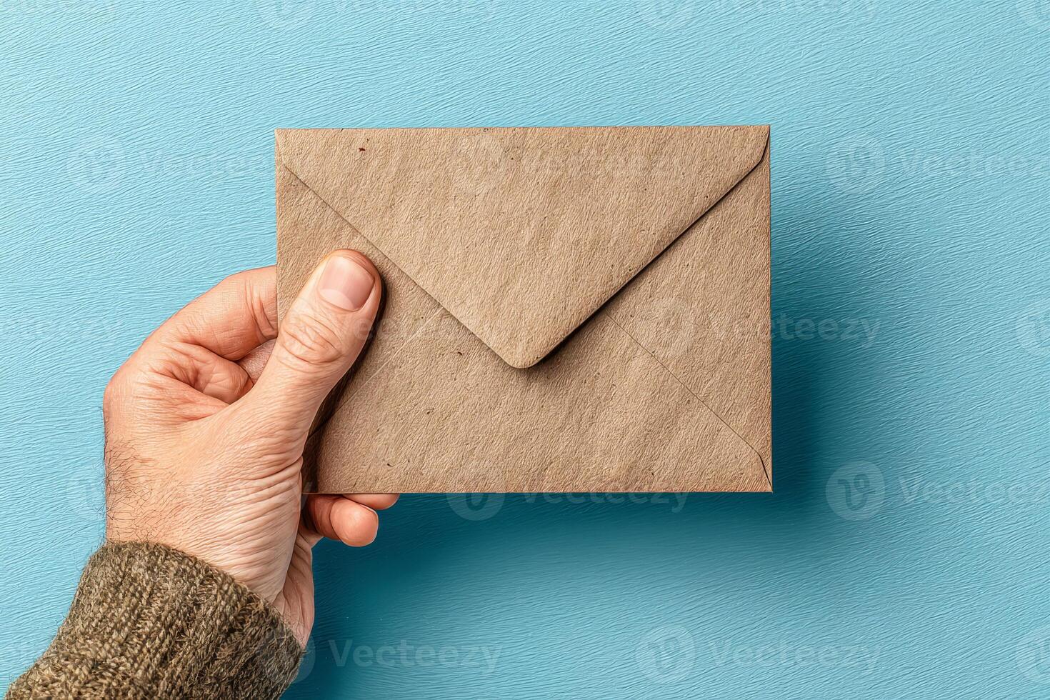 Hand holding kraft paper envelope on blue background photo