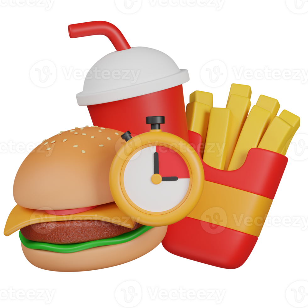 3d render Fast food meal with burger, fries, and soda, ready in no time illustration png