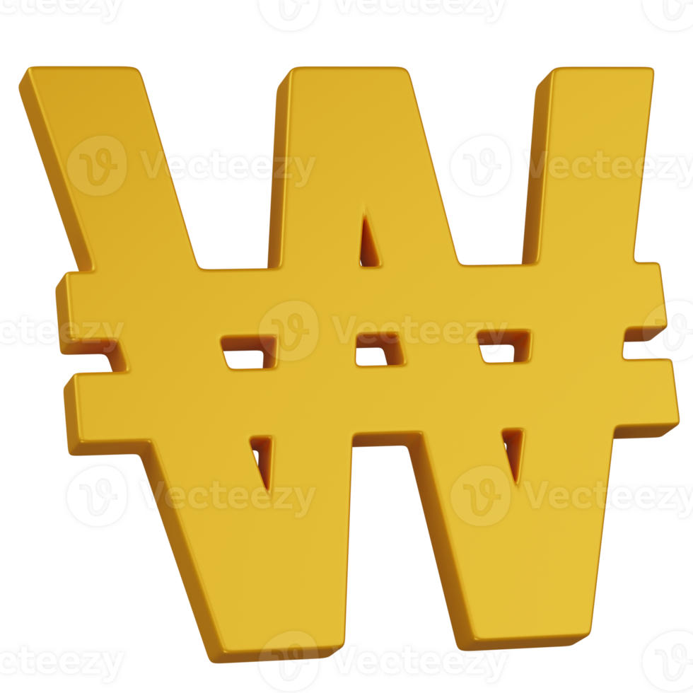 3d render golden Won Currency Symbol icon png