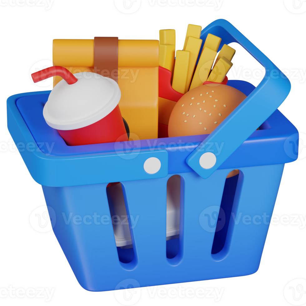 3d render Fast food meal in a blue shopping basket icon png