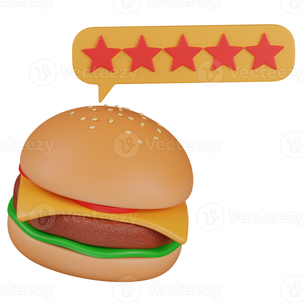 3d render burger with a 5-Star Review icon png