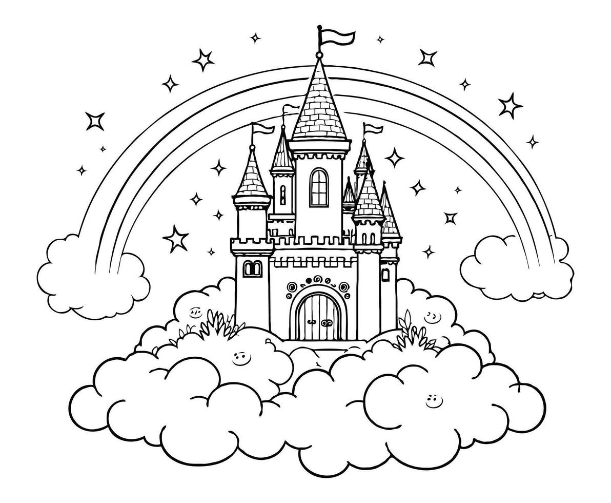 Magical Castle on Cloud coloring page vector