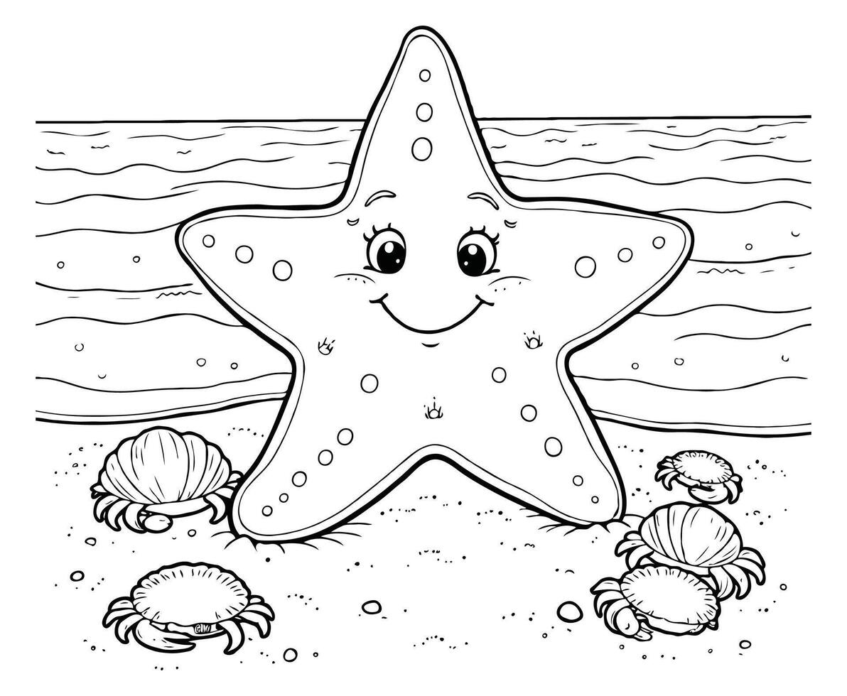 Smiling Starfish on Sandy Beach Coloring Page vector