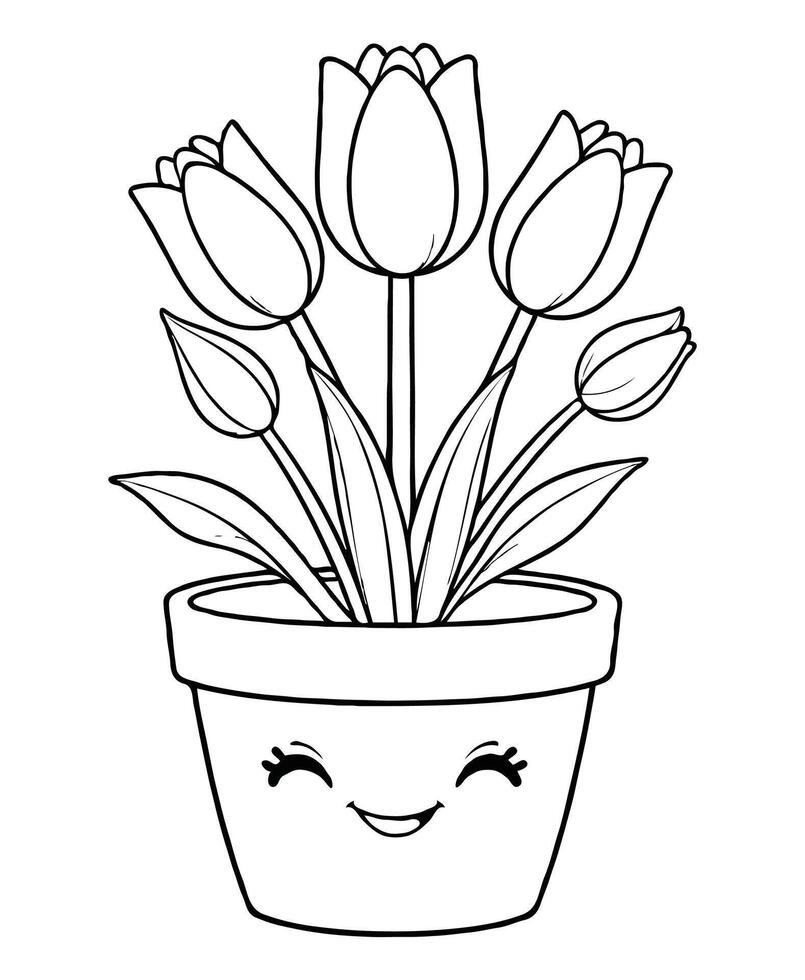 Smiling Potted Tulips coloring page vector