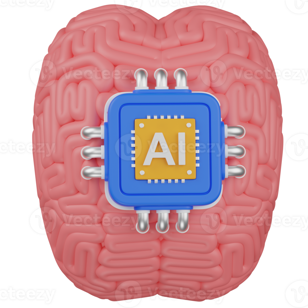 3d render AI chip on a Brain icon png