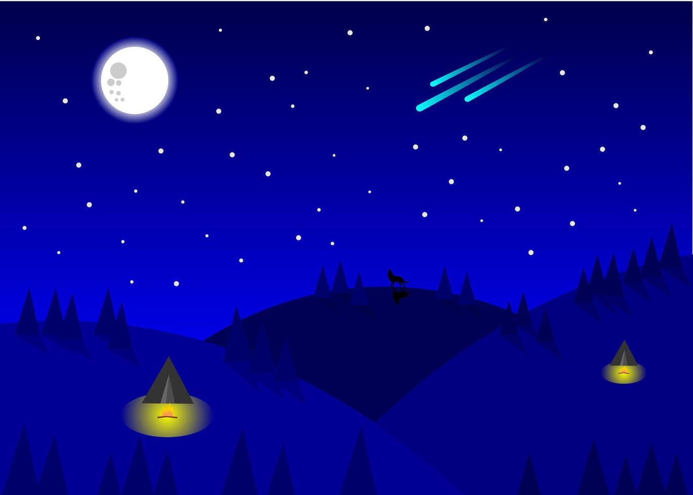 a view of blue sky at night with star and forest, wolf howling at star vector