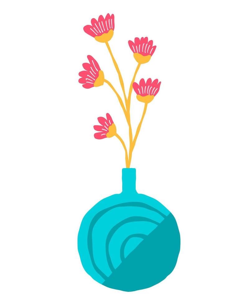 Hand drawn flowers bouquet in blue vase, illustration for home decor and design, greeting card, banner, poster, label vector