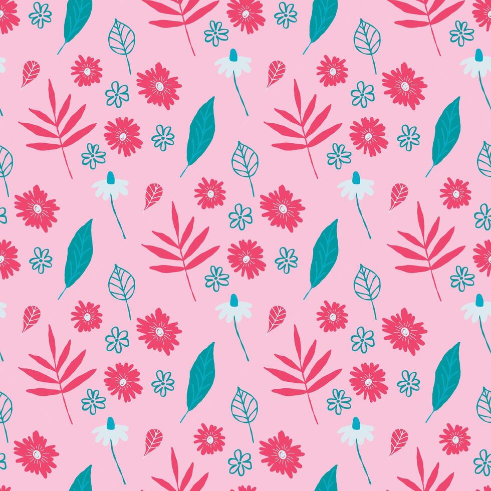 Pink floral seamless pattern in swatches, bright cute pattern for textile, packing, wrapping paper vector