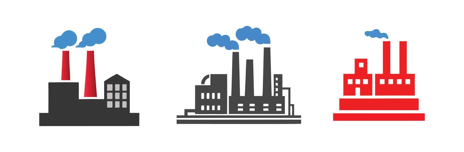 Set of Factory Icons with Smoke for Industry, Manufacturing, or Pollution Concepts vector