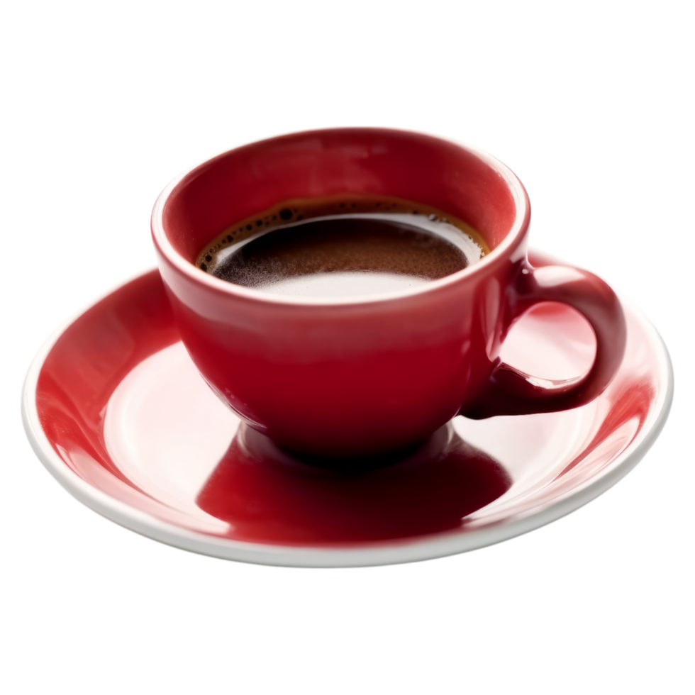 A red cup of coffee on a saucer png