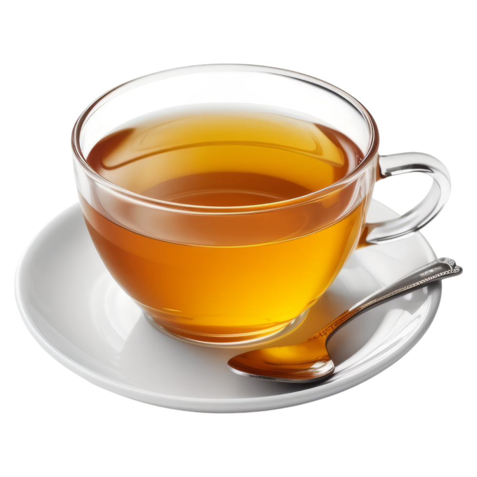 A cup of tea with a spoon on a saucer png