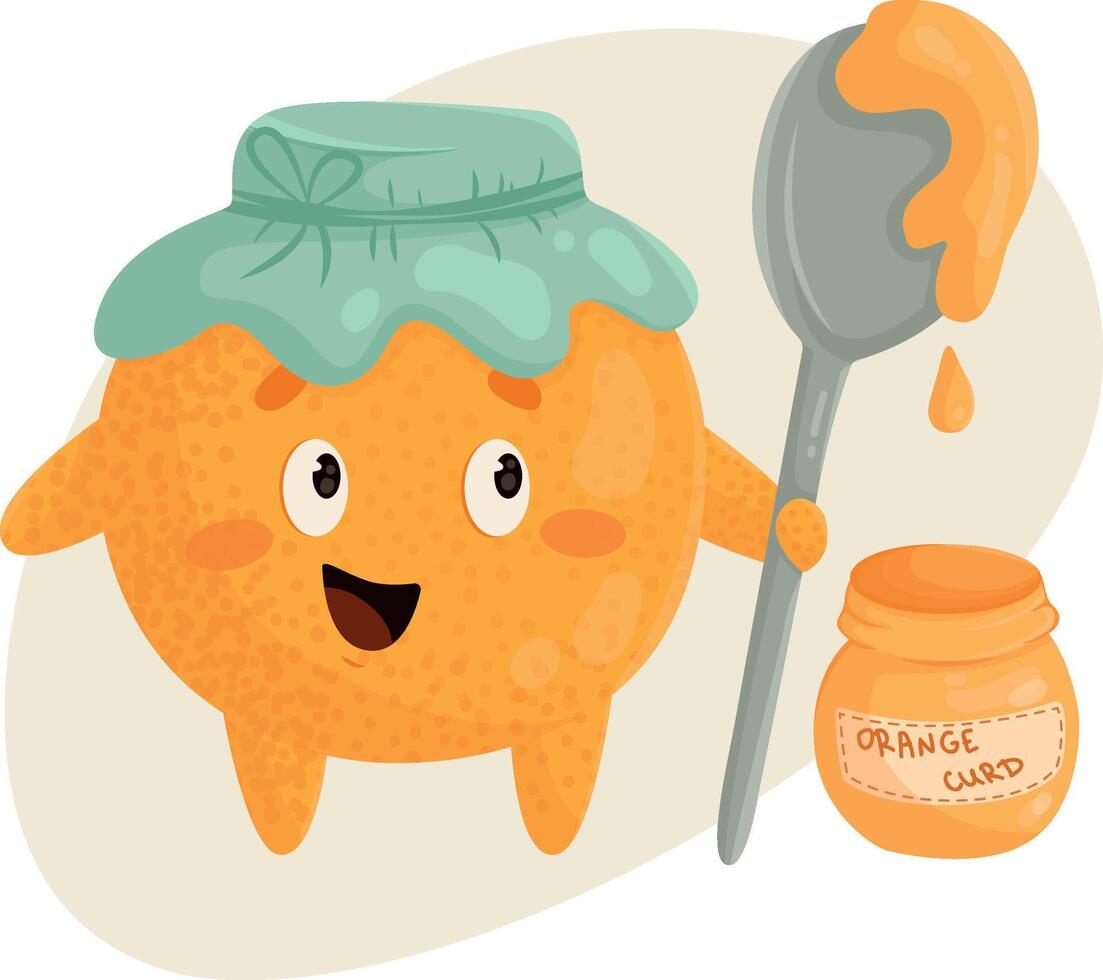 An orange character in a blue cap with a spoon in his hand, next to him is a jar of orange curd. vector