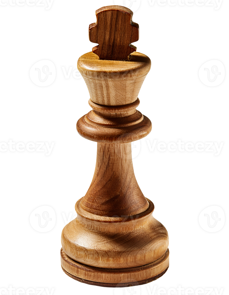 angled wooden chess king piece, realistic 3d carved wood texture with natural grain, elegant strategy game symbol on isolated background png