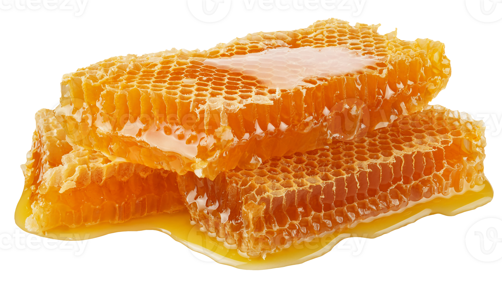 macro close-up of golden fresh honey dripping from natural honeycomb stack on isolated background for organic food, skincare, and sweet product design png
