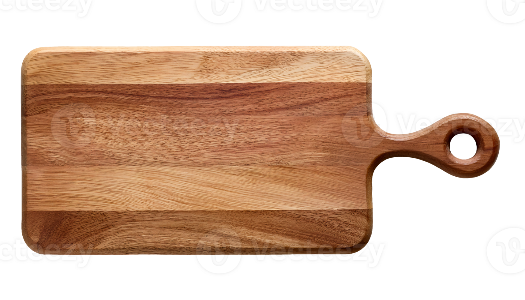 top view of wooden serving board with handle and natural grain pattern on isolated background for kitchen and culinary presentation design png