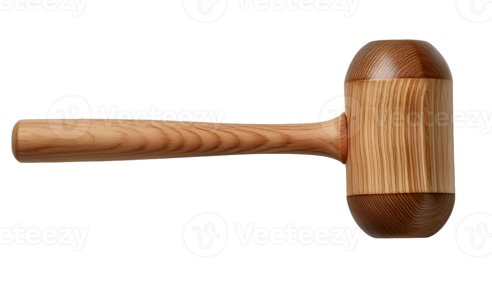 rounded end wooden mallet for woodworking or crafting on isolated background, full side view of handmade natural tool with smooth texture png