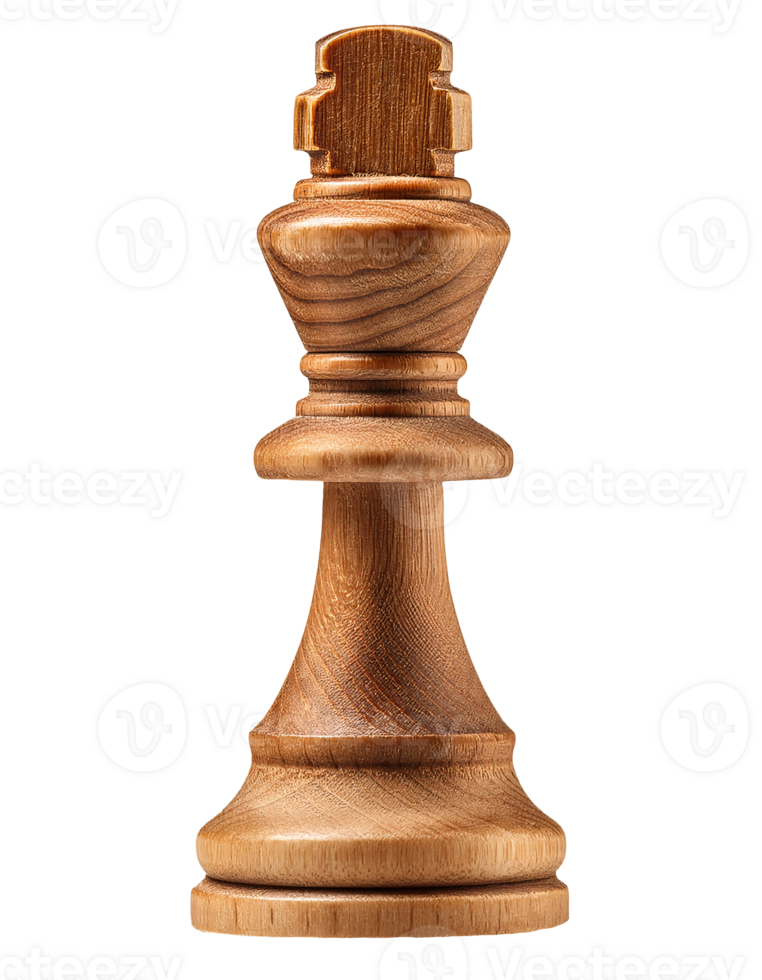 wooden chess king piece front view, detailed grain texture on handcrafted game figure, classic strategy symbol on isolated background png