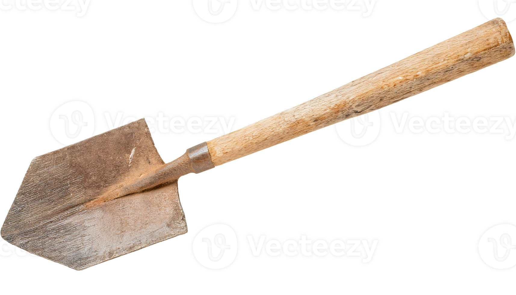 vintage pointed digging spade with wooden handle and rusty metal blade on isolated background for gardening farming and soil work png