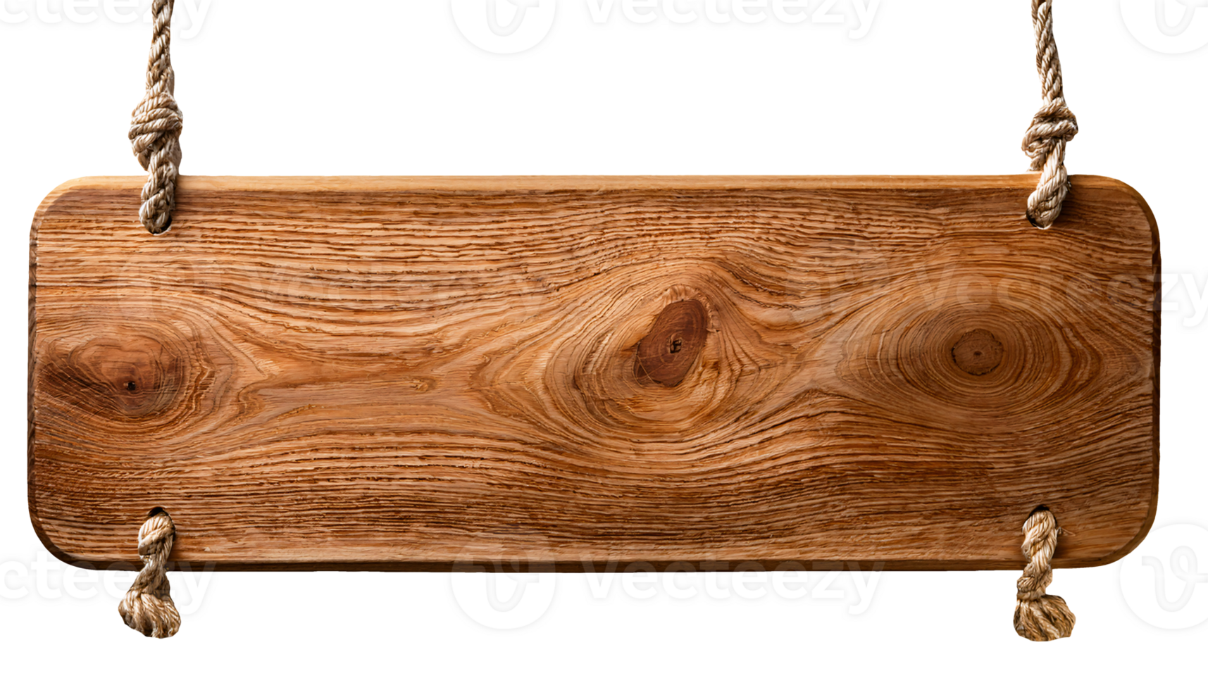 wooden hanging sign front view, rustic natural plank board with rope knots and realistic wood grain texture on isolated background png