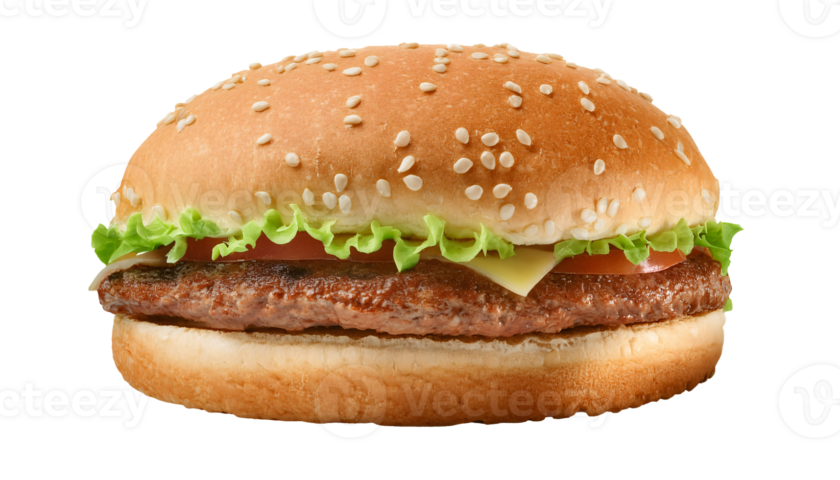 realistic cheeseburger with lettuce tomato cheese beef patty and sesame bun on isolated background detailed close up full object view for food menu and fast food advertising png