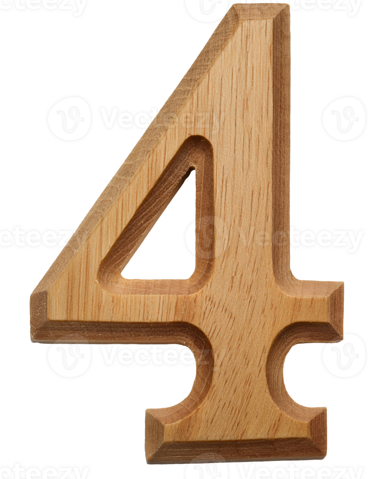 wooden number 4 sculpture carved from solid natural wood in classic serif style on isolated background png