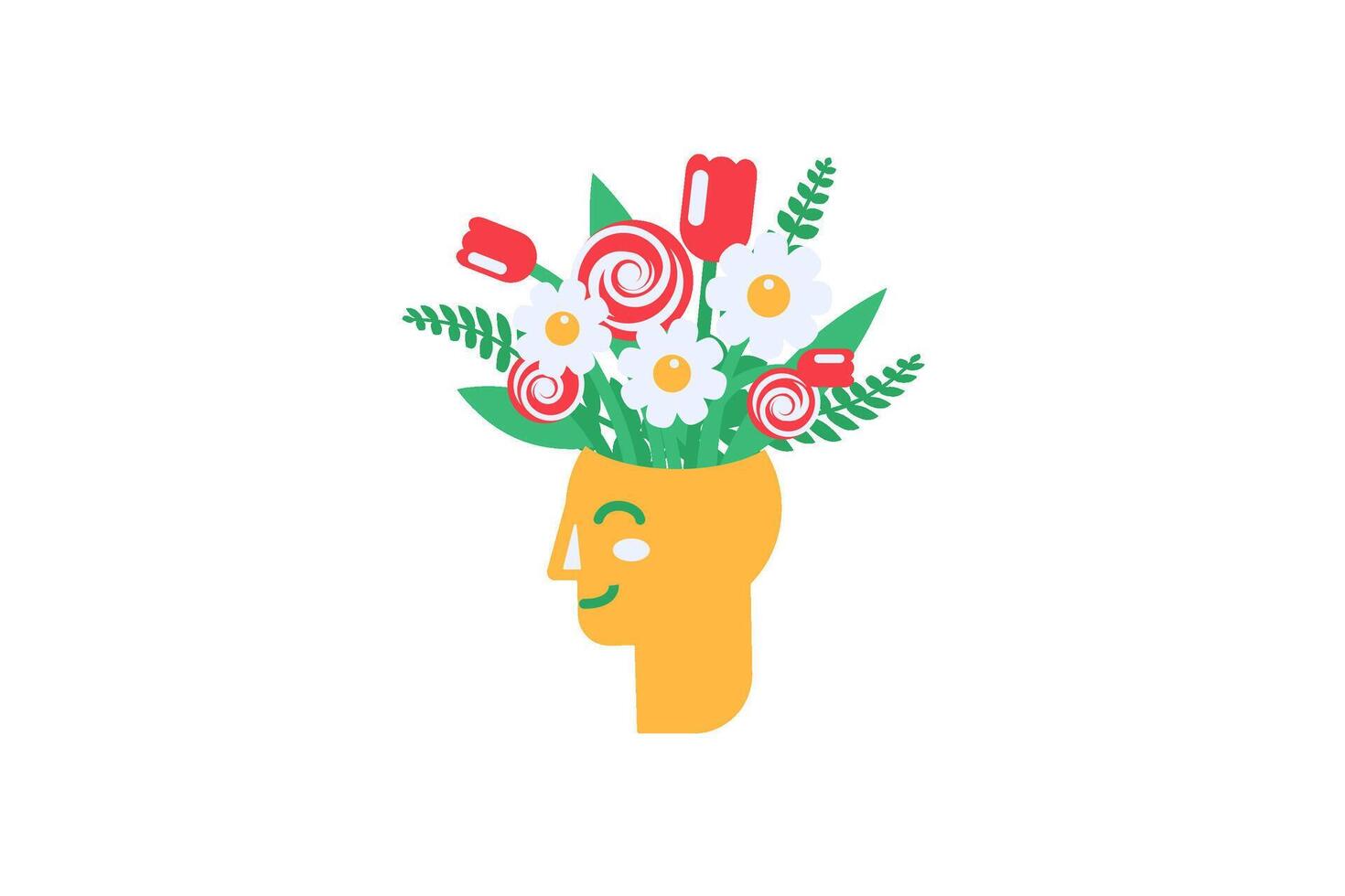 Vibrant nosegay blooming out from head in solid cartoon style vector