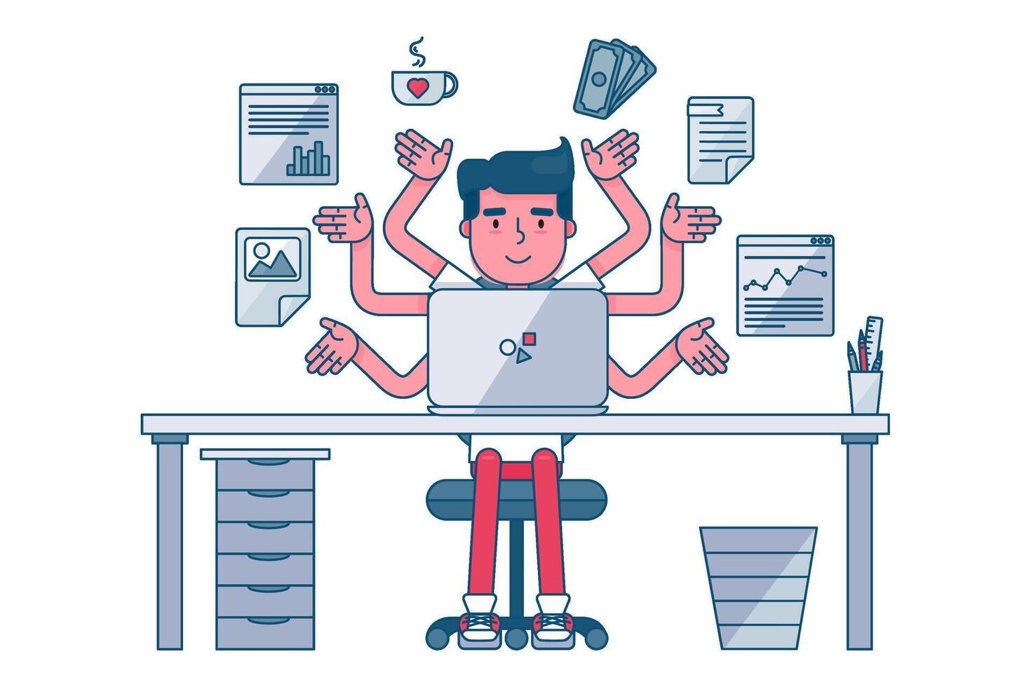 Man Busy Office Worker Performs Several Tasks vector