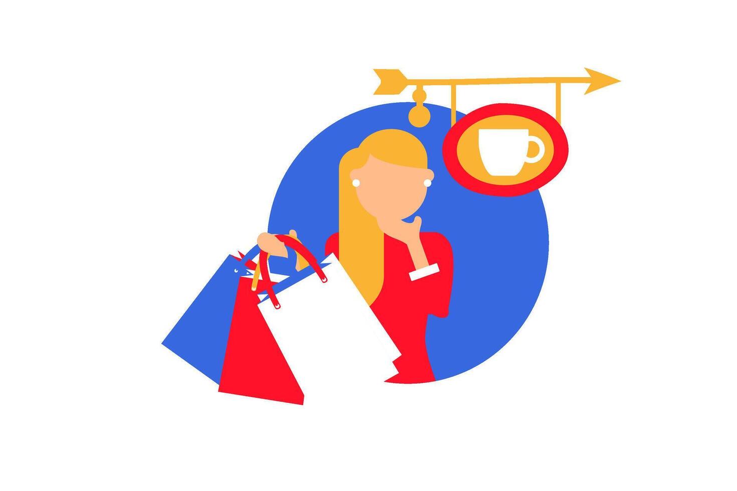 A French woman is going shopping with bags and thinks about going to a cafe in a flat style vector