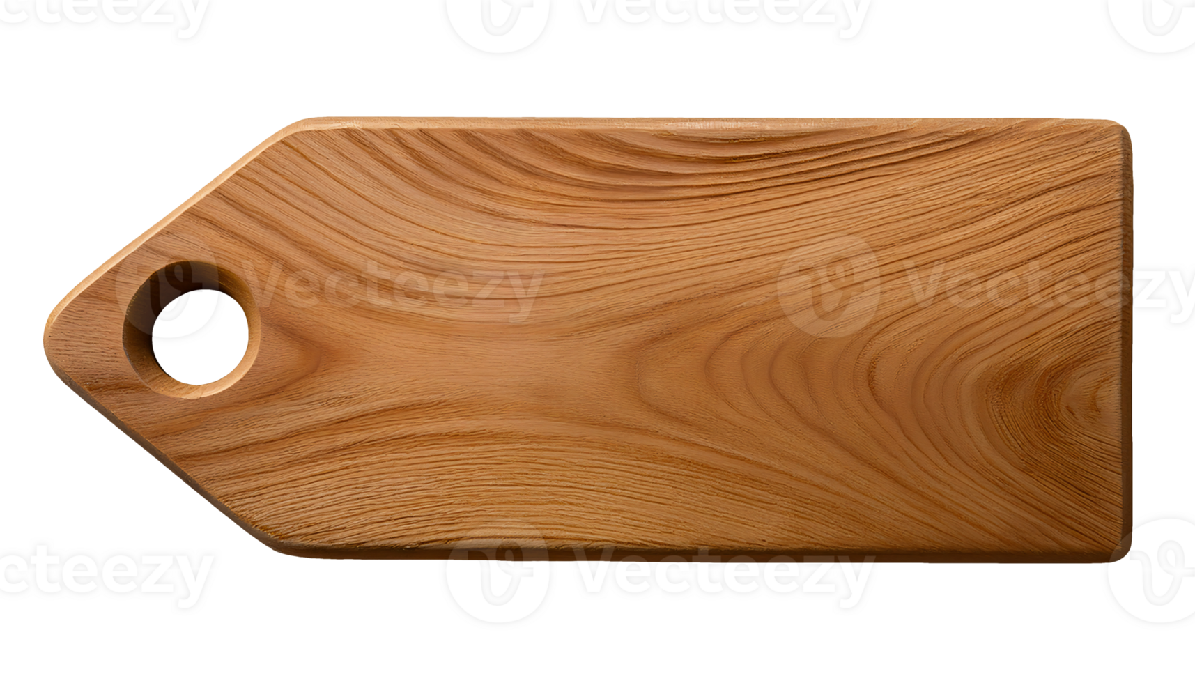 wooden tag shaped board with rounded hole and smooth woodgrain texture on isolated background for product display and kitchen decoration design png
