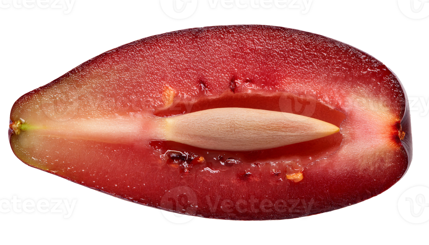 macro shot of a fresh ripe java plum cut in half showing seed and juicy red-purple flesh on isolated background for botanical and tropical fruit design png