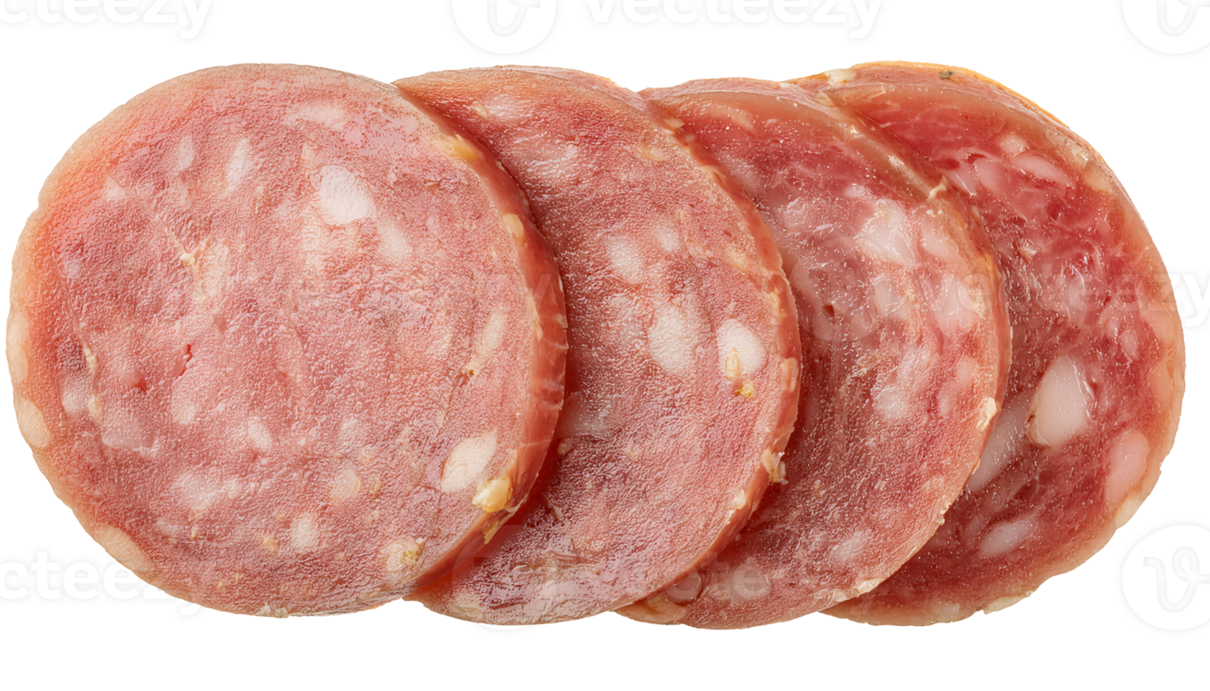 sliced fermented sausage with marbled meat and fat texture stacked in overlapping layers on isolated background for deli and traditional food presentation png