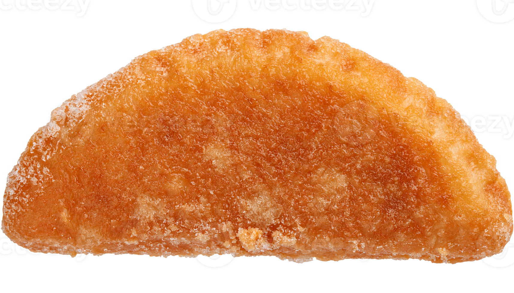 a frozen half-moon shaped fried snack coated with breadcrumbs and ice crystals on isolated background for fast food and convenience meal concept png