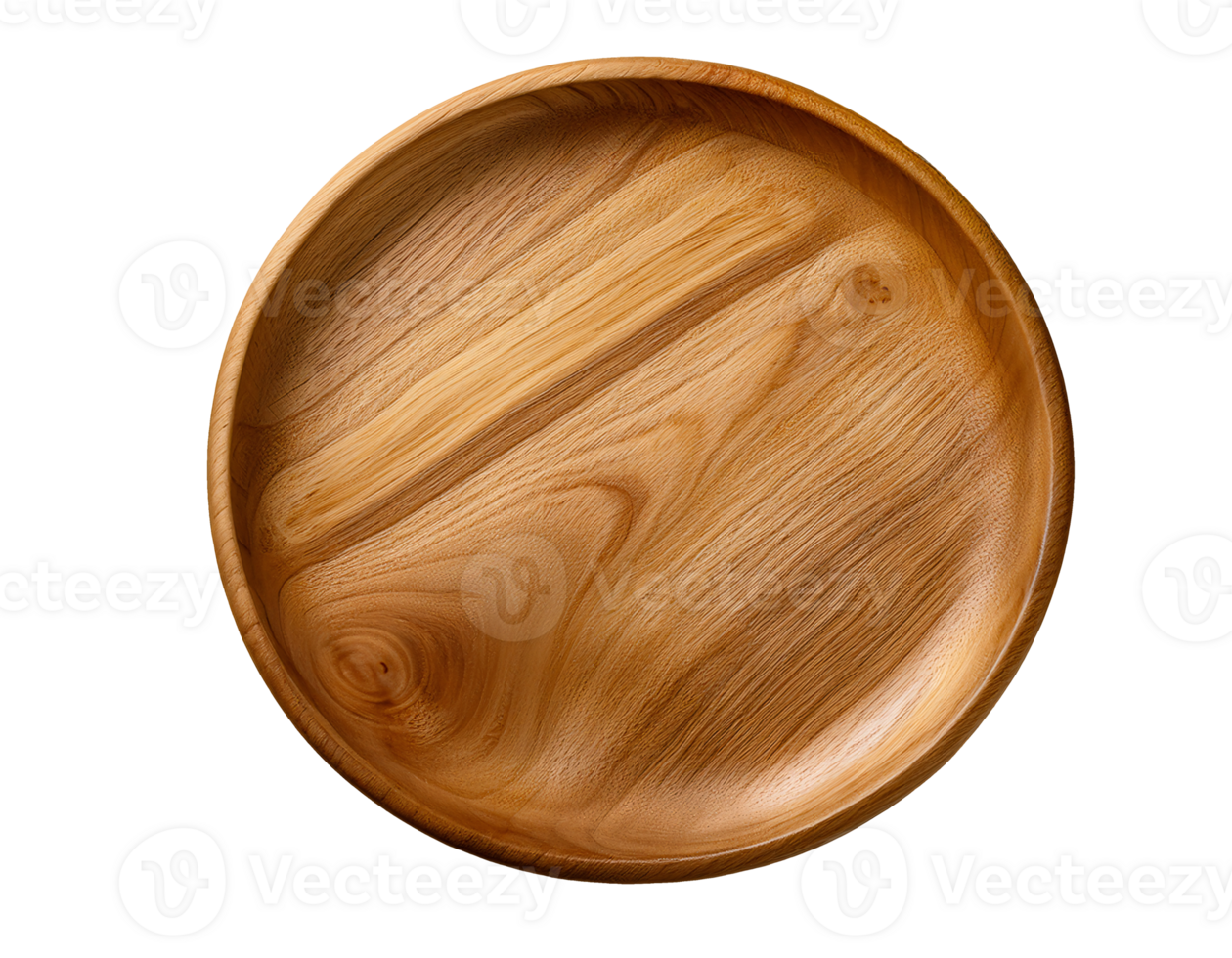 top view of empty round wooden plate with beautiful natural wood grain texture on isolated background for food presentation and eco-friendly tableware design png