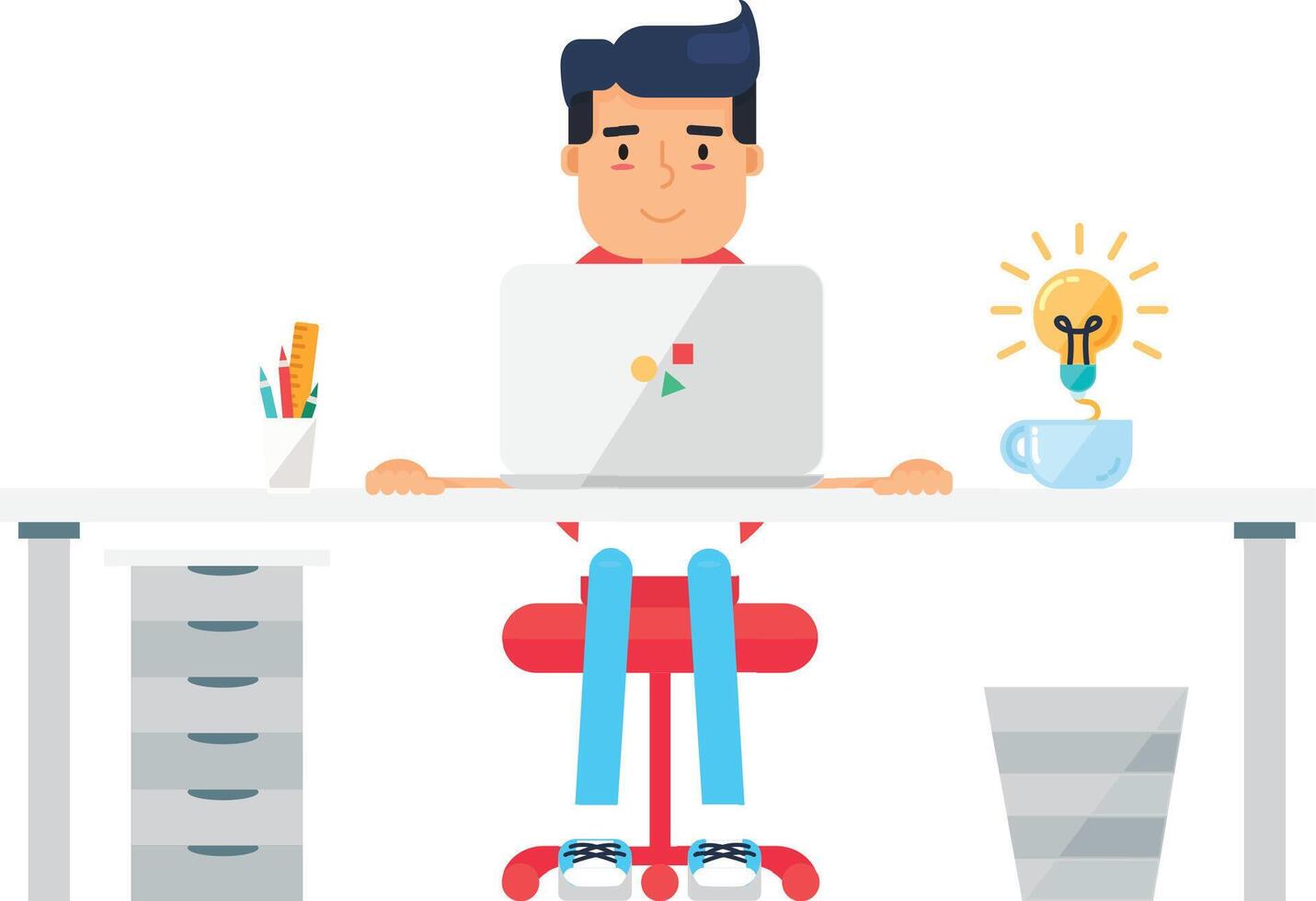 Student Programmer Solves Test Task At Computer. Workplace vector