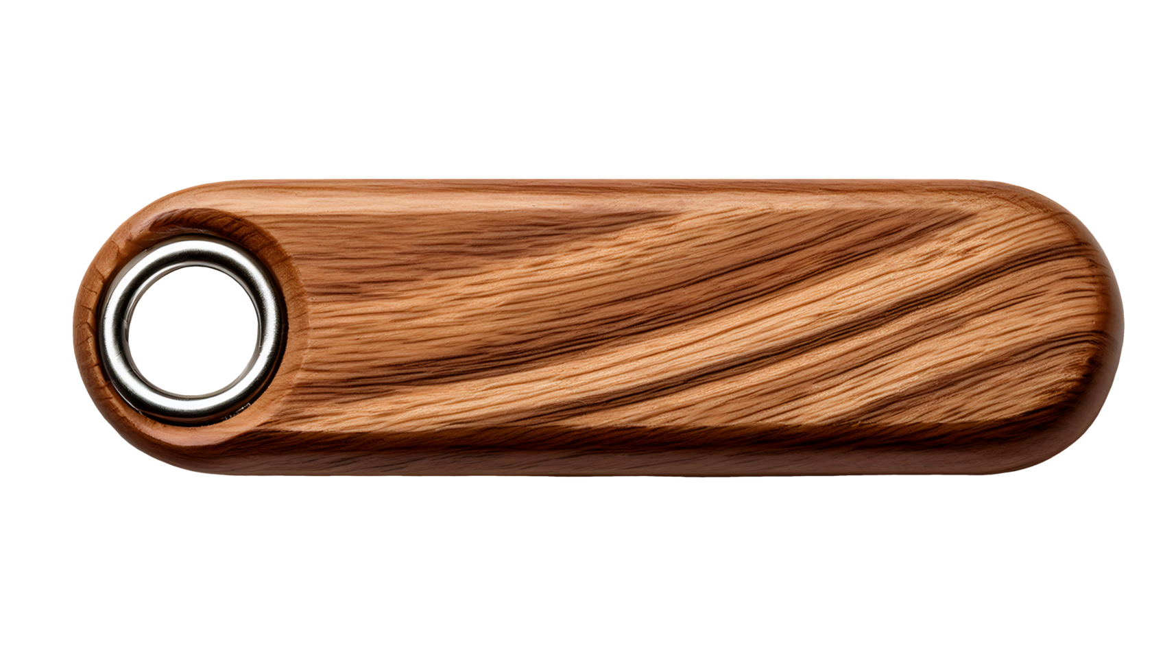 minimalist handcrafted wooden keychain with rounded edge and metal loop on isolated background for product mockup or branding png