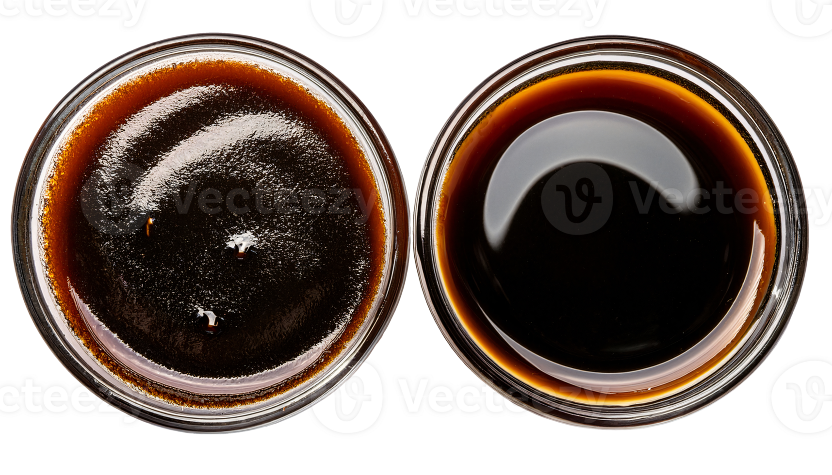top view of two types of soy sauce in glass bowls on isolated background for asian cooking ingredient and condiment collection png